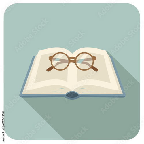 Open book with glasses resting on pages on teal background  
