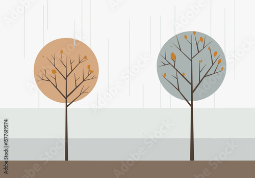 Abstract trees with autumn leaves in rain on light background  