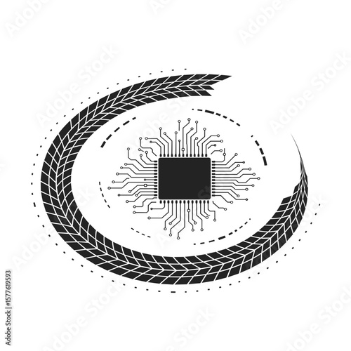 Tire track circling a microchip in abstract design  