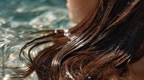 Wet brown hair flowing in clear water with sunlight reflecting, creating calm and refreshing atmosphere