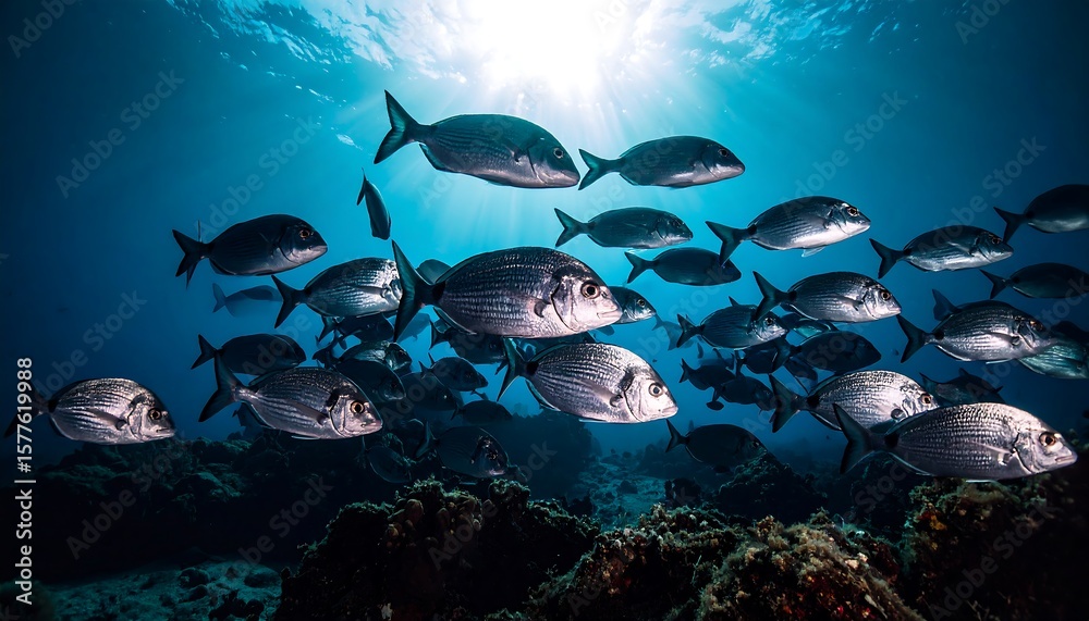 Fototapeta premium School of fish underwater. Sunlight rays pierce through the water