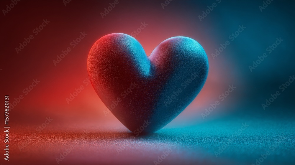 Fototapeta premium a surreal, heart symbol ,barely visible through vibrant cool-toned gradients, glowing red and deep blue background, soft cyan blending, soft focus, tranquil and mysterious mood
