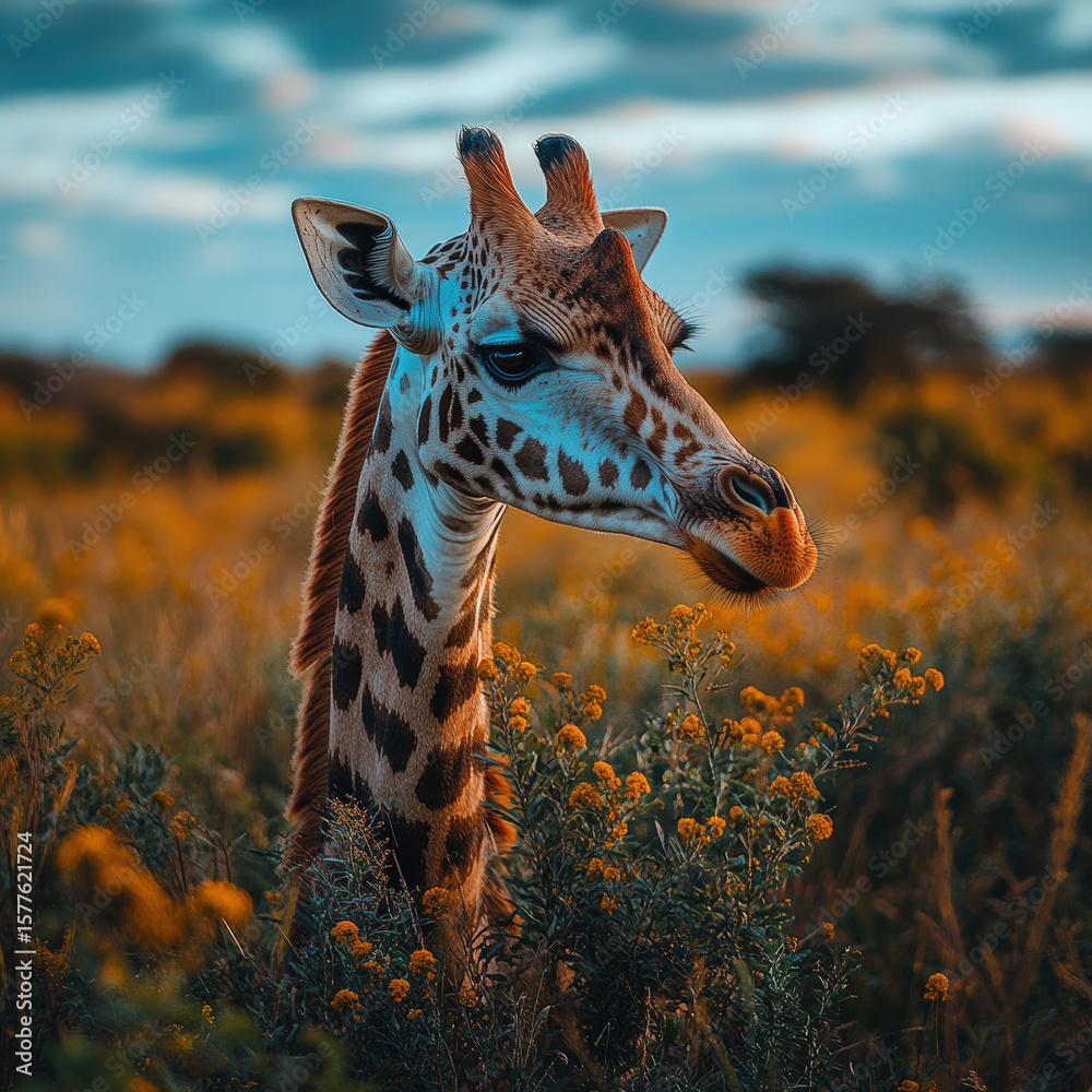 Obraz premium A giraffe is standing in a field of yellow flowers. The giraffe is looking at the camera, and the flowers are in the background. The scene is peaceful and serene