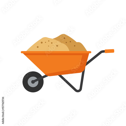An orange wheelbarrow filled with a pile of brown sand, depicted in a simple flat design illustration style on a clean white background.