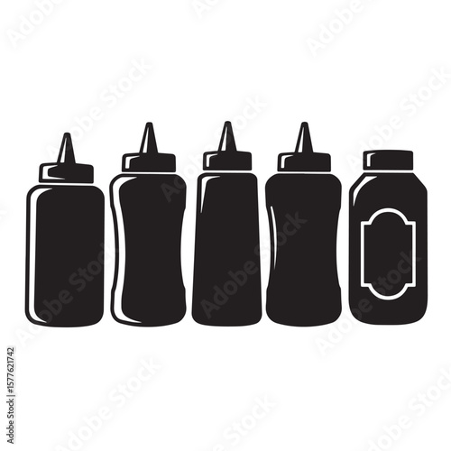 Black and white silhouette illustration of different condiment bottles for food service