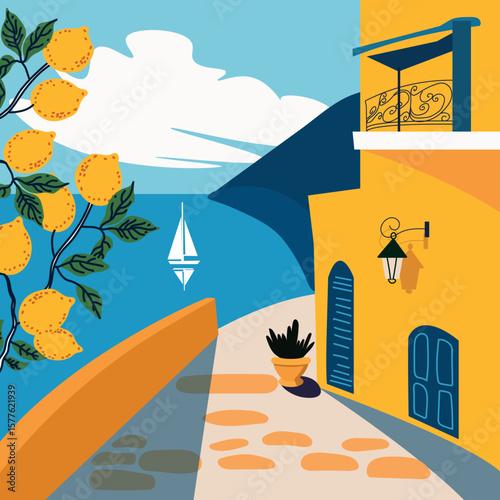 Hand-drawn vector illustration of a sunny summer day in Italy with lemon trees. Vintage travel poster design. Perfect for wall art, decor, tourism, and Mediterranean-themed projects.