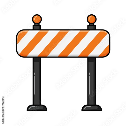 An isolated cartoon illustration of a striped orange and white construction barrier with flashing warning lights, signifying roadwork or danger.