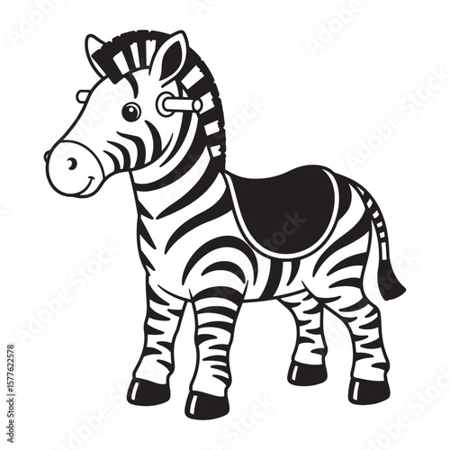 Cartoon illustration of a smiling zebra with black and white stripes and saddle