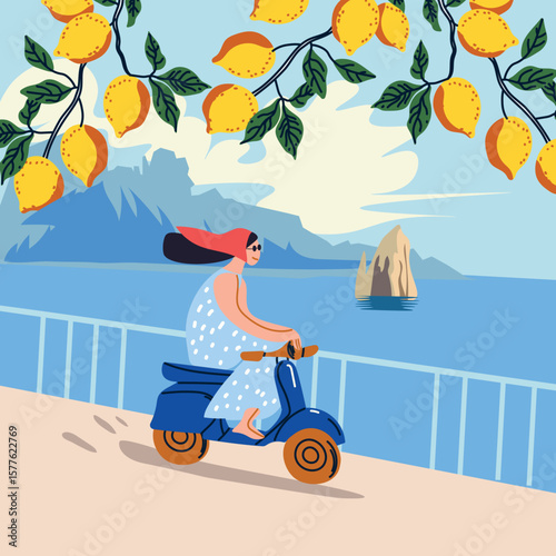 Vector illustration of a stylish girl on a scooter by the sea, surrounded by lemons. Italian summer vibe in Dolce Vita style. Perfect for travel designs, posters, and vacation-themed projects.