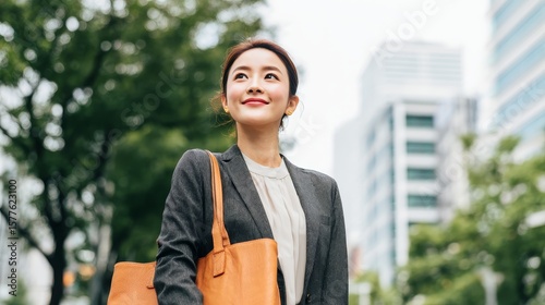 A young Asian woman, wearing a business suit, shirt underneath, and holding a tan leather tote bag. She is smiling, looking upward. Her posture is confident and upright, holding the bag in her arms