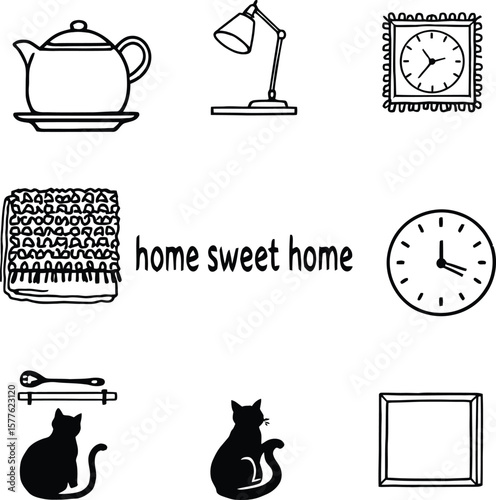 Home sweet home illustration with teapot lamp clock cat and frame vector graphic design concept art