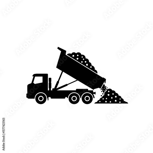 A sleek black silhouette icon of a heavy-duty dump truck actively unloading a pile of gravel or dirt, symbolizing construction and material transport.