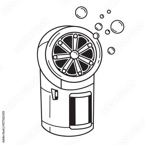 Detailed black and white illustration of a bubble machine blowing bubbles isolated