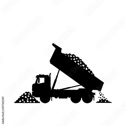An isolated black silhouette graphic of a heavy-duty dump truck tipping its cargo of aggregate onto a growing pile, representing construction work.