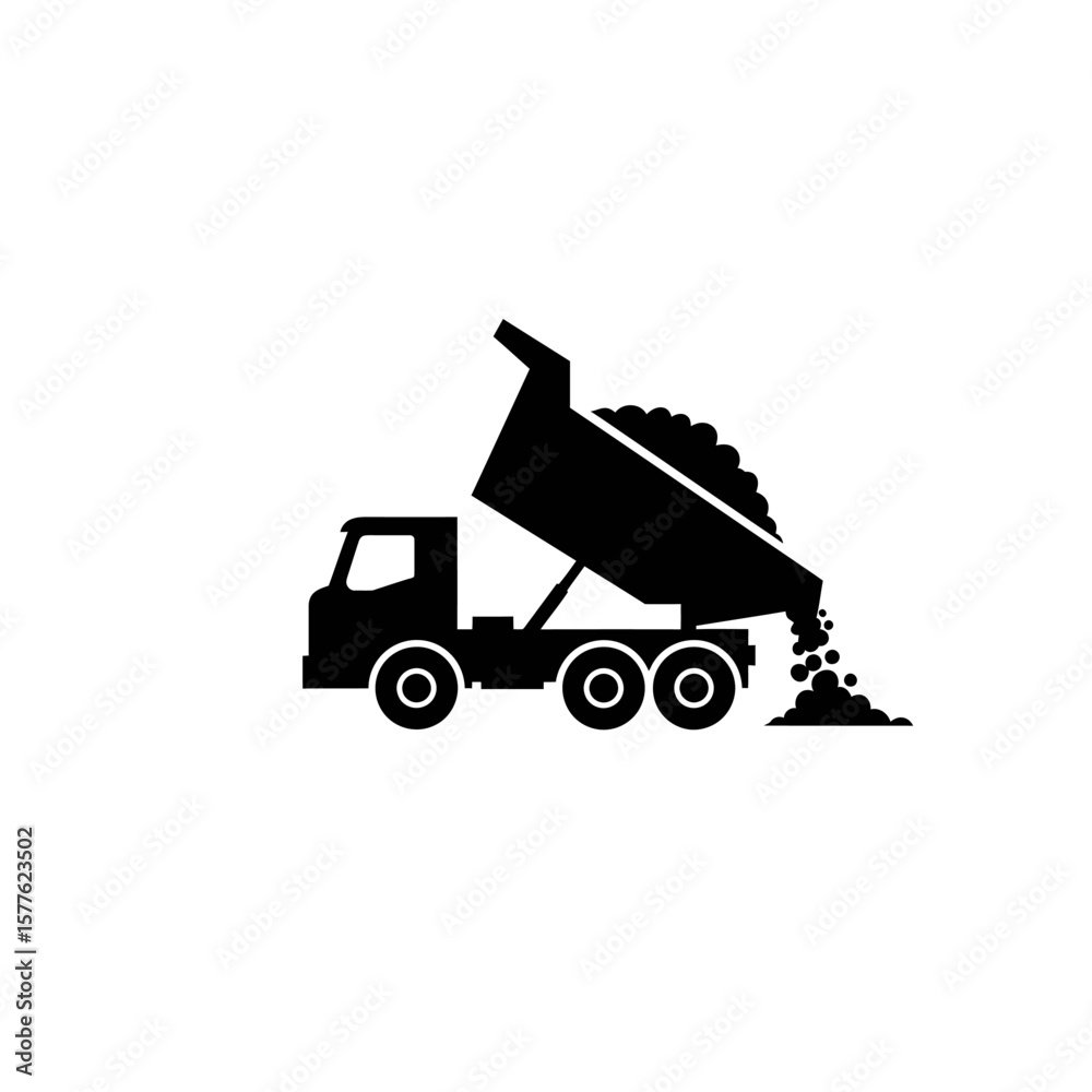 Fototapeta premium A black silhouette icon of a heavy-duty dump truck actively unloading a pile of material, perfect for construction industry graphics.