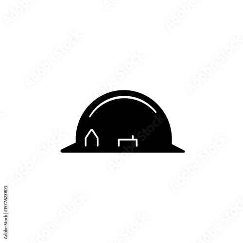 A black silhouette of a safety hard hat, commonly used as an icon or symbol for construction and workplace safety, isolated on a clean white background.