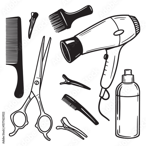 Elegant hand drawn hair styling tools and accessories in black and white illustration