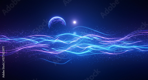 Abstract Cosmic Waves with Planets. A captivating, futuristic abstract image showcasing swirling, luminous blue and purple energy waves that undulate across a dark cosmic background.