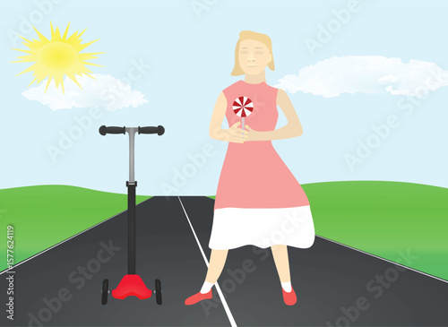 Little girl hold lollypop. vector illustration