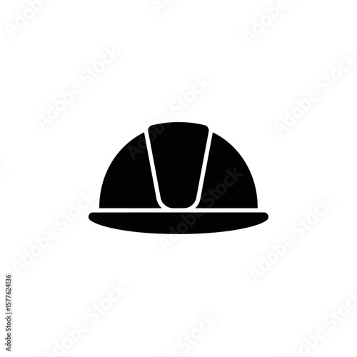 A simple black silhouette of a hard hat, symbolizing safety and protection in industrial and construction work environments, isolated on a clean white background.