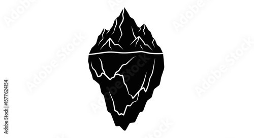 Illustration of a black iceberg with jagged edges and a visible waterline in silhouette