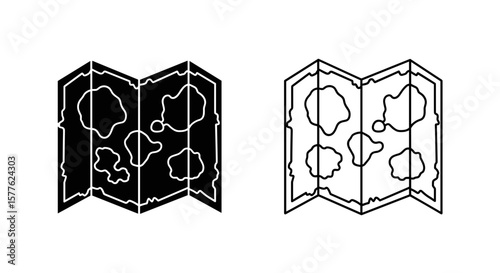 Two unfolded maps with irregular shapes displayed in black and white color scheme