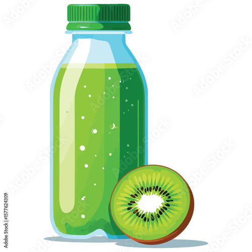 Vibrant Kiwi Smoothie Bottle Next to a Freshly Cut Kiwi Slice Offering a Refreshing and Healthy Beverage Option