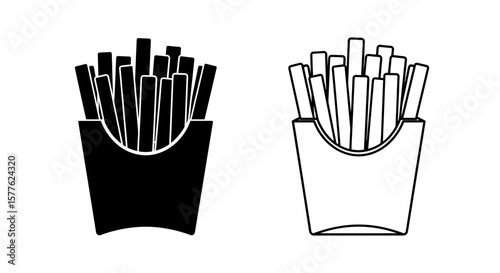 Illustration showing a black silhouette and outline of french fries in a container