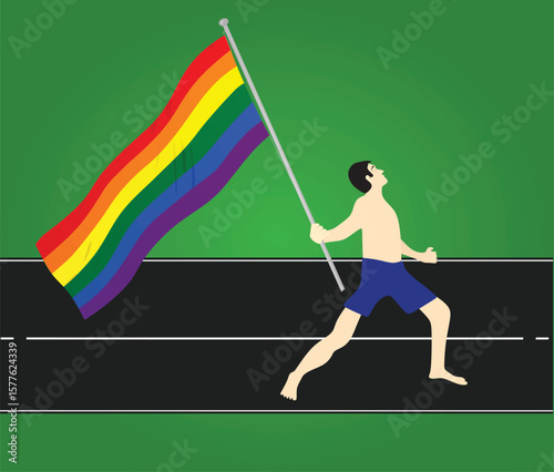 Man holding lgbt flag. vector