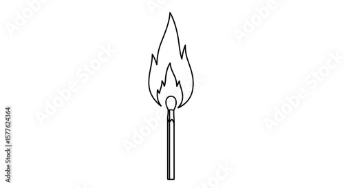 A simple line drawing of a lit matchstick with a flame on a white background image.