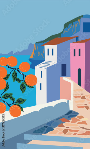 Hand-drawn vector illustration of a sunny summer day in Italy with oranges trees. Vintage travel poster design. Perfect for wall art, decor, tourism, and Mediterranean-themed projects.