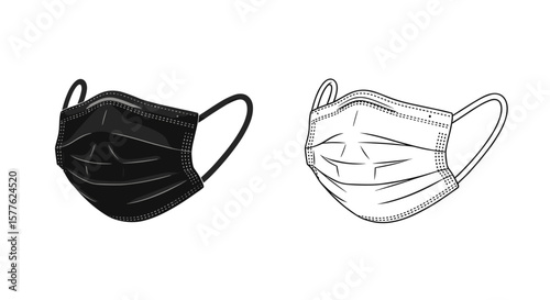 Two face masks one in black and one in white with ear loops on a white background