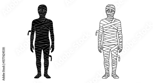 Two mummy figures one in black silhouette and one in outline standing upright side by side