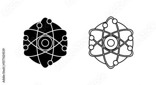 Two atom models one filled in black and one outlined with orbits and electrons shown