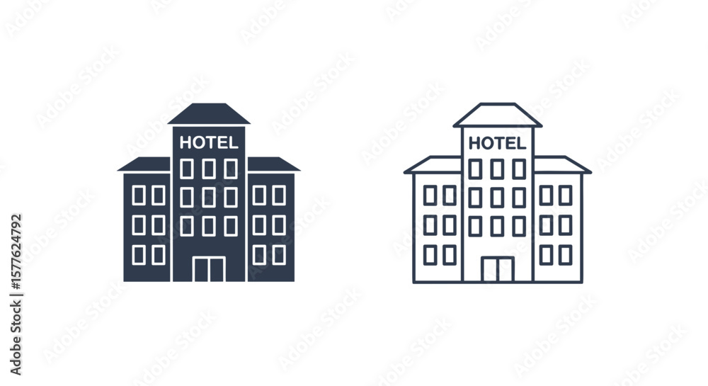 Fototapeta premium Illustration of two hotel buildings one filled and one outlined on a white background