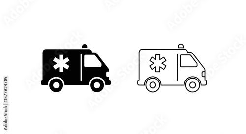 Two ambulance icons one in solid black and the other in outline on a white background