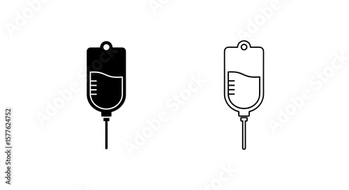 Illustration of two intravenous fluid bags, one filled and one outlined, on white background