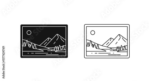 Monochrome landscape illustration featuring mountains trees and a celestial body twice over