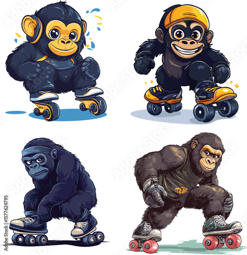Cute Gorilla playing roller skate vector style on white background
