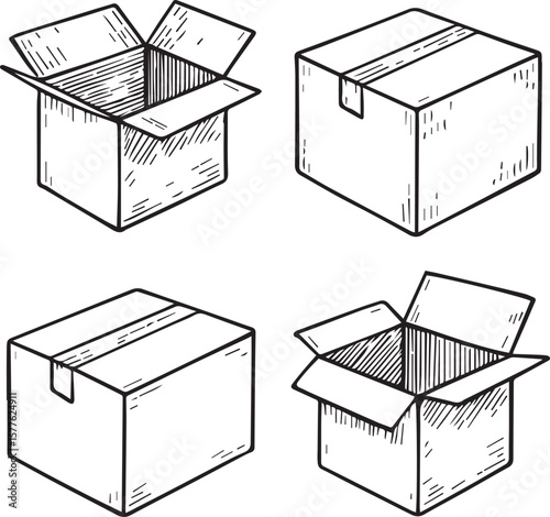 White cardboard box set line art vector