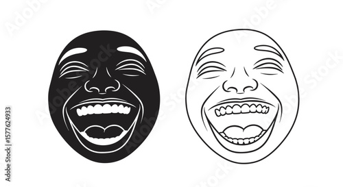 Two stylized faces one in black fill and one in outline laughing with open mouths wide