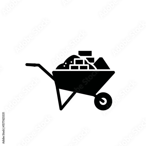 A black silhouette icon depicts a wheelbarrow filled with construction materials like bricks and sand, isolated on a white background, symbolizing building and labor.
