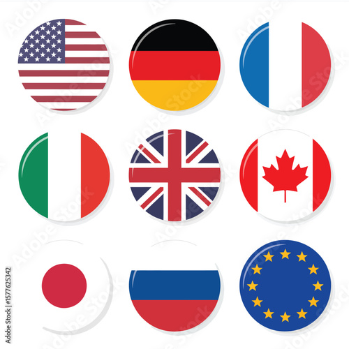 Set of round national flags icons featuring united states, germany, france, uk, japan, canada, russia, eu, and ireland symbols Free Download Set of round national flags icons featuring united states, germany, france, uk, japan, canada, russia, eu, and ireland symbols - GFXLoad