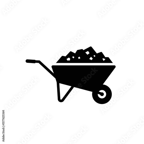 A simple black silhouette illustration of a wheelbarrow overflowing with soil and rocks, representing construction, gardening, or manual labor.