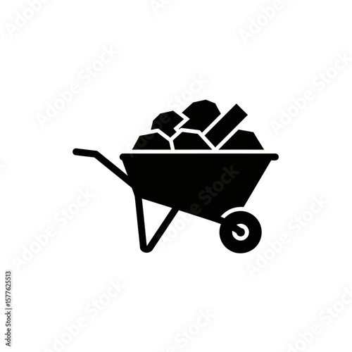 A bold, minimalist vector illustration showcases a wheelbarrow overflowing with coal, set against a clean white backdrop, perfect for conveying themes of industry and resources.