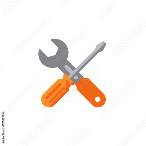 A clean flat design illustration depicts a grey wrench and a screwdriver with orange handles crossed, symbolizing tools, settings, and technical support.