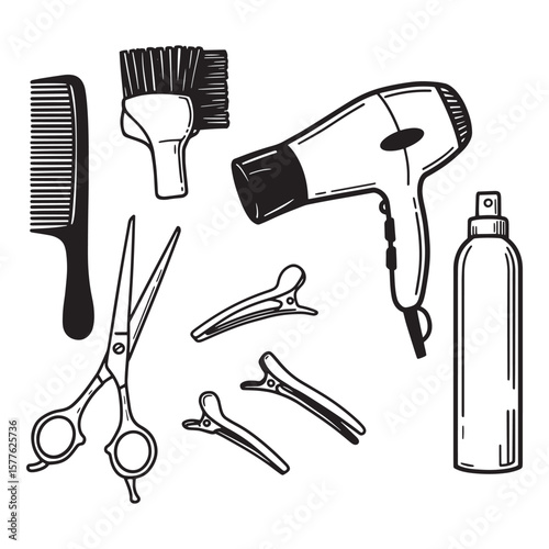 Illustrated black and white barber and hair styling tools isolated on white background