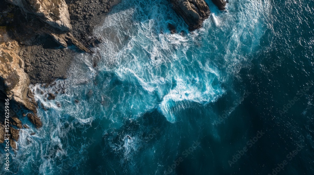 Fototapeta premium An aerial shot of the vast ocean, with waves crashing against the cliffs in a mythmic symphony. The water reflects the hues of the setting sun, creating a surreal and epic panorama