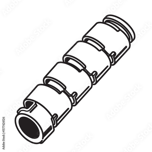 Isolated black and white isometric pipe connector illustration for technical designs