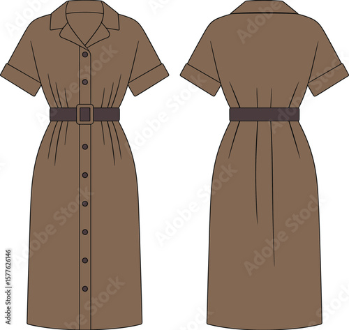Classic Button-Up Dress with Belt Detail: Elegant and Timeless Fashion Illustration